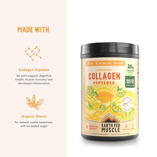 Image of Earth Fed Muscle Lemonade Collagen Peptides, Third-Party Certified. 20g Protein, Lemonade - Grass Fed, Non-GMO, Hormone Free, Gluten Free - Multi-Type - 20 Servings