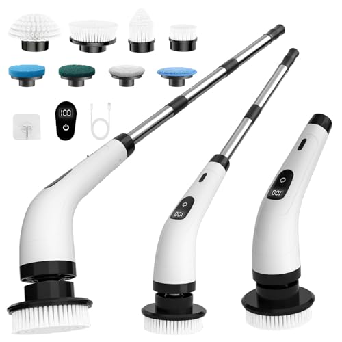 SINZUX Electric Spin Scrubber Electric Cleaning Brush with 8 Replaceable Brush Heads Electric Scrubbing Brush with LED Display and Adjustable Extension Handle for Bathroom Kitchen Car