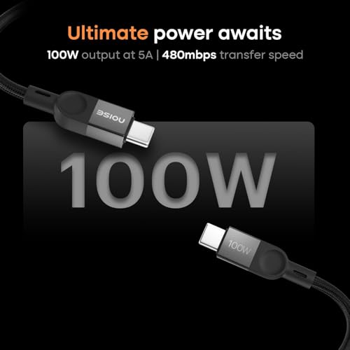 Image of Noise GaN Charger 65W + 1.7M Type-C to Type-C 100W Braided Cable: 3 Ports (2 USB-C Type, 1 USB-A), Super Fast Charging Adapter with PD, Supports All iPhones, Android (Black)