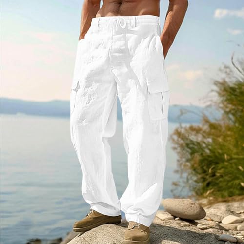 Zeiyignr Mens Cotton Linen Cargo Pants Casual Summer Beach Pants Lightweight Drawstring Yoga Vacation Trousers with Pockets2