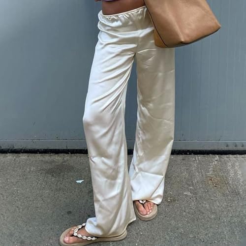SOLILOQUY Women Y2K Satin Wide Leg Pants Casual Elastic High Waist Solid Loose Fit Lounge Pants Office Ladies Work Trousers2
