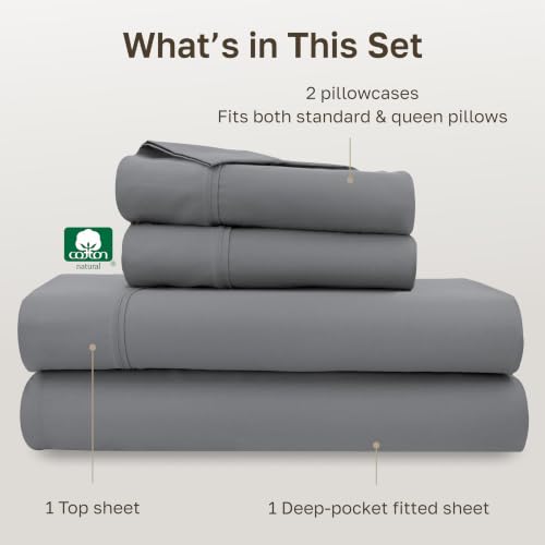 Image of California Design Den Queen Sheet Set - Soft 400 Thread Count Sateen, Natural 100% Cotton Queen Size Sheets, Deep Pockets with All Around Elastic for a Snug Fit, Durable Bedding - Slate Grey