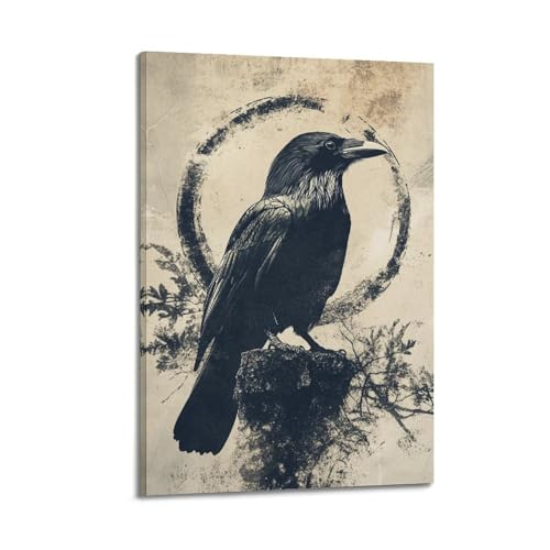 Tableau corbeau noir poétique avec cercle d'encre pour une ambiance mystique unique