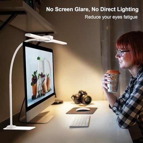 Image of 24W Led Desk Lamps with Base for Office Home, 31.5-in Double Head, White | Dual Screen Computer Monitor Desk Light,Dimmable 4 Colors, Eye Care Architect Table Light for Working Reading Drafting