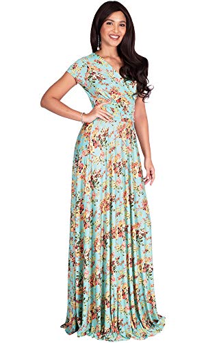 Koh Koh Womens Womens Long Cap Short Sleeve Floor Length Floral Flower Print Printed V-Neck Casual Summer Spring Sundress Elegant Modest Gown Gowns Maxi Dress Dresses, Green & Yellow & Pink L 12-14 #TOP2