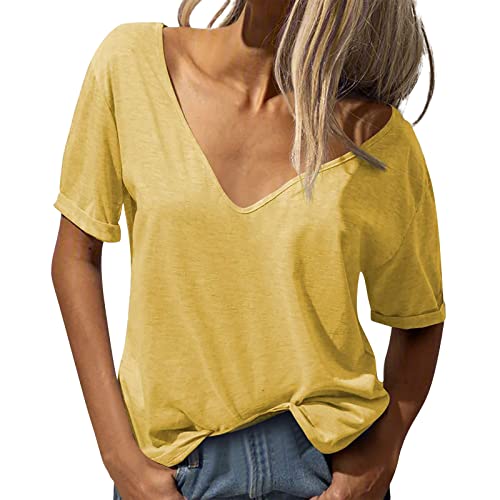 Camiseta para mujer con cuello en V profundo, camiseta de manga corta, color liso, informal, holgada, básica, amarillo, L
