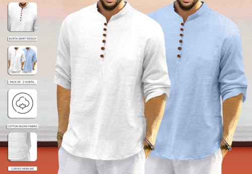 Image of ROYALSCOUT Men's Cotton Polyester Blend Solid Regular Fit Full Sleeve Short Kurta | Ethnic, Lightweight Summer Kurta for Daily & Occasion Use