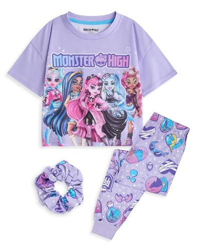 Monster High Girls 3 Piece Pajama Set | Kids Purple All Over Print Long Leg Bottoms & Night Top with Scrunchie Bobble