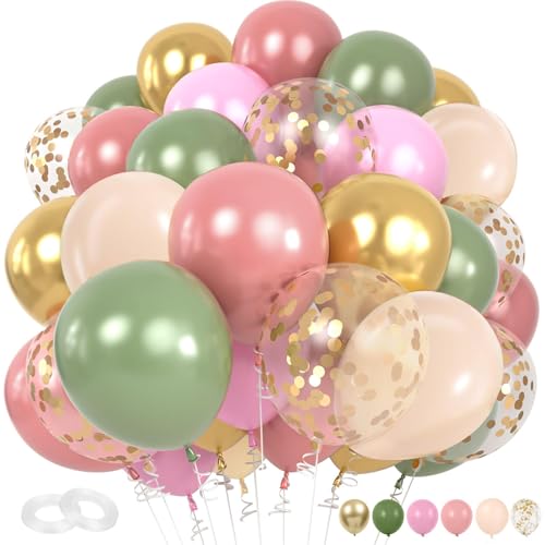 QueCemic Pink & Green Balloons - 60pcs Sage, Dusty Pink, Olive Green, Apricot Metallic Gold Confetti for Girls' Jungle Birthday Party, Baby Shower, Wedding