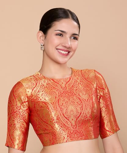 Image of Studio Shringaar Women Brocade Silky Jewel Neck Readymade Elbow Length Sleeve Saree Blouse