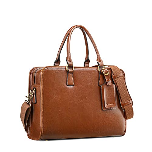 Kattee Genuine Leather Briefcase for Women, Large Capacity Laptop Bag with Luggage Tag