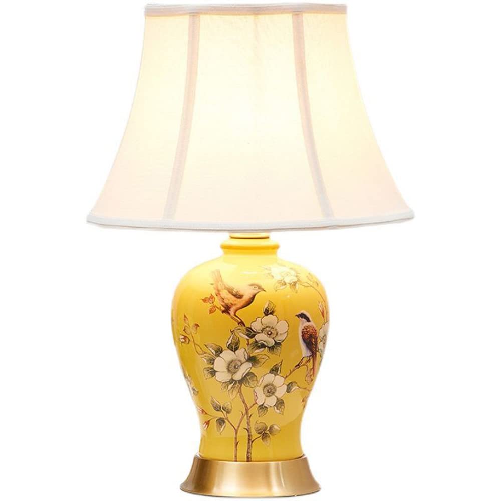 FAZRPIP Yellow Glaze Bedroom Bedside Lamp Jingdezhen Porcelain Large Oriental Ceramic Table Lamp With Bell Shape Lamp Shade China Antique Office Night Lamp