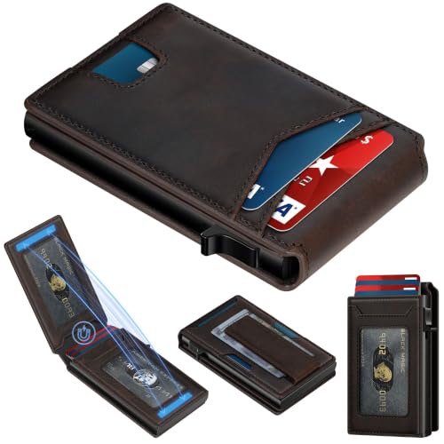 Genuine Leather Wallet for Men: Smart Pop Up Wallets Magnetic Money Clip