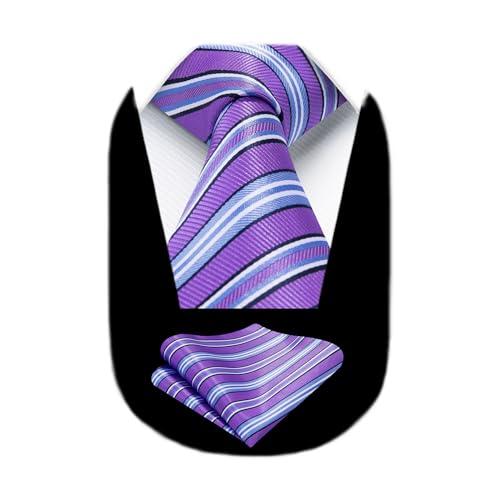 Image of HISDERN Stripe Tie Mens Ties with Pocket Square Set Classic 3.4'' Silk Formal Necktie Handkerchief for Business Wedding