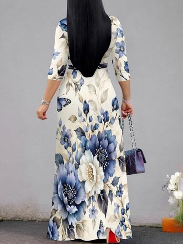 Image of Women Plus Size Long Sleeve V Neck Maxi Dress with Belt | Soft fabric relaxed fit three quarter sleeve v neck with pockets for party and daily wear
