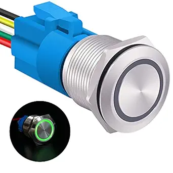 16mm Momentary Push Button Switch Metal 12V Green Ring LED 5 Pin SPST ON/Off Button Switch with Wire Socket Plug for 16mm 5/8
