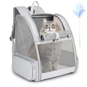 Cat Backpack Carrier, Large Pet Backpack with Cat Wand Feather Toy for Medium Small Dog Cat Puppy Kitten Bunny up to 15lbs, Ventilated Mesh Dog Travel Backpack for Hiking Walking Outdoor Use (Grey)