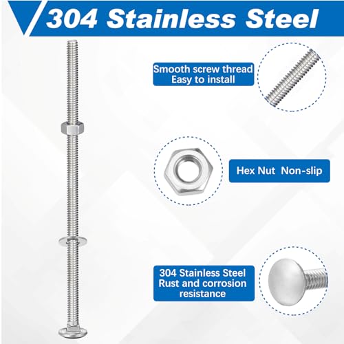 Image of Zonon 25 Sets 1 /4-20 x 6 Stainless Steel Carriage Bolts and Nuts Kit Round Head Square Neck Carriage Bolts Screws and Hex Nuts and Flat Washers, Stainless 18-8 Full Thread Coverage (Silver)