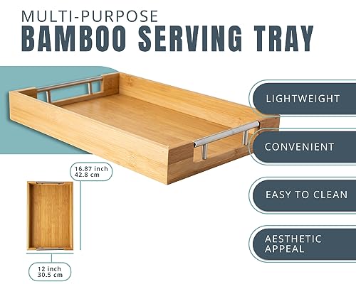 image for Comfify Modern Bamboo Serving Tray with Metal Handles – Wooden Ottom