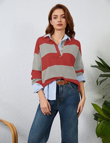 Image of Womens Striped Sweater Rugby Polo Shirts Y2k Collar Pullover Tops