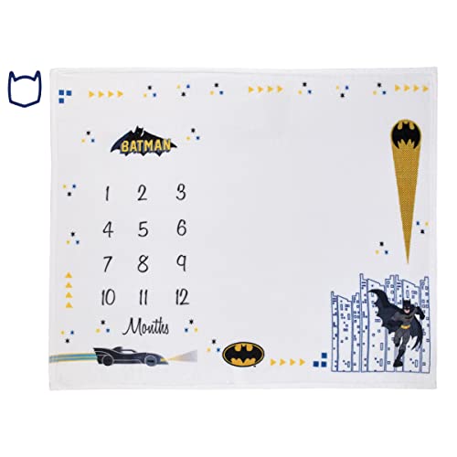 Image of Everything Kids Warner Brothers Batman White and Black Batmobile, Gotham City, and Bat Signal Milestone Baby Blanket