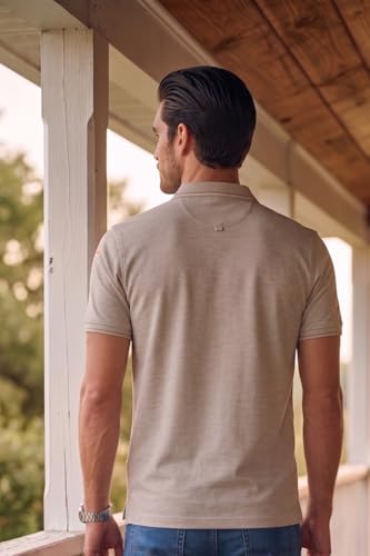 Image of Louis Philippe Men's Slim Fit Single-Tuck Pique Stylized Sleeve Print and Contrast Tipping Half Sleeve Solid Cotton Polo Tshirt