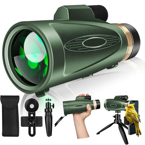 Monocular Telescope 80x100 High Power with Smartphone Adapter Tripod, Wide Field Monoculars for Adults with BAK4 Prism & FMC Lens, for Bird Watching Hunting Hiking Camping Wildlife-Green