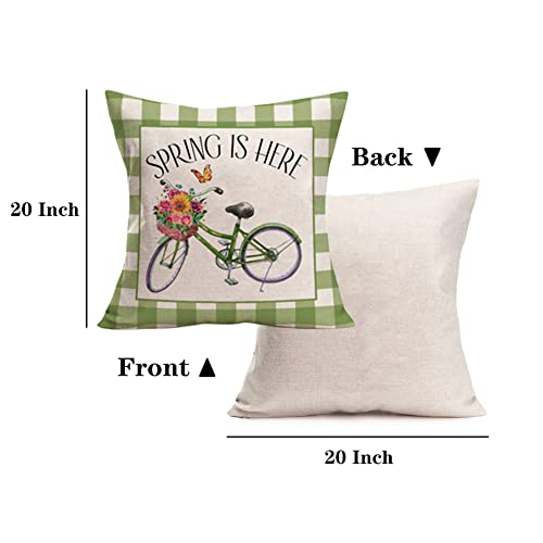 Xihomeli Spring Buffalo Check Plaid Throw Pillow Covers 20X20 Inch Set Of 4 Hello Spring Flowers Wreath Cushion Case Green Bike Butterfly Home Sweet Home Quotes Pillowcase (4Pc Spring, 20"X20") #TOP1