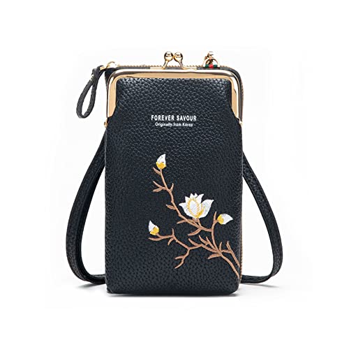 FuninCrea Bolso Movil Mujer, Bolso Bandolera Pequeño con Correa Ajustable Desmontable, Bolso Bandolera Móvil con Kiss Lock, Gran Capacidad Bolso Teléfono Movil para Citas, Viajes, Compras (Negro)
