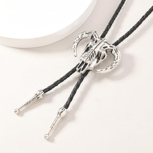 Image of Joxevyia Bolo Tie for Men Vintage Cow Skull Leather Rope Western Cowboy Necktie Vintage Bola Tie Gift for Him