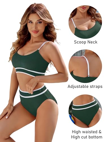 Image of BMJL Women's High Waisted Bikini Ribbed Two Piece Swimsuit High Cut Color Block Adjustable Straps Bathing Suit