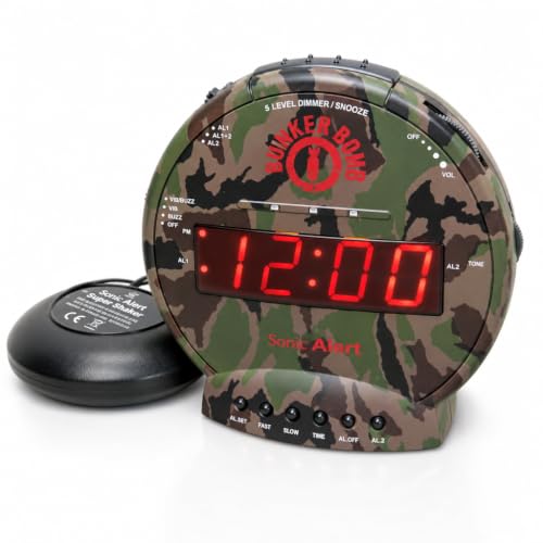 Sonic Bomb Dual Alarm Clock with Bed Shaker, Camouflage | Sonic...