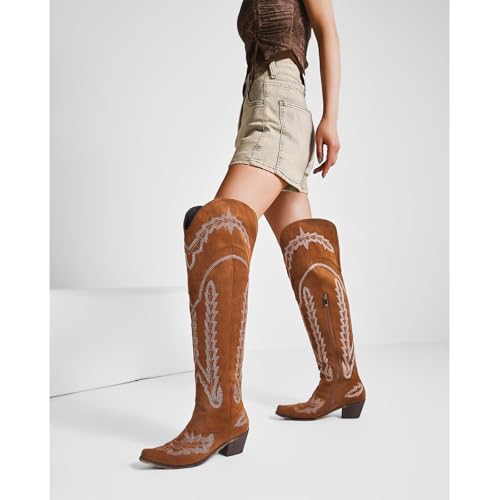 Image of olomisa Over the Knee Cowboy Boots for Women Embroidery Cowgirl Boots Chunky Heel Side Zipper Boots Thigh High Western Boots
