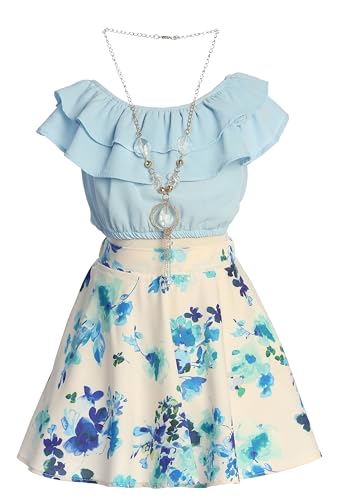 Image of Cold Shoulder Crop Top Ruffle Layered Top Flower Girl Skirt Sets for Girl