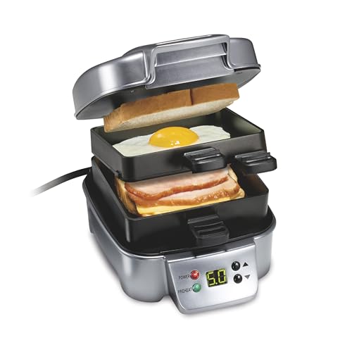 Hamilton Beach Sandwich Stacker Customizable Hot Sandwich Maker, 24 Sq. In. Non-Stick PFAS-Free Cooking Surfaces, Built-In Timer, Compact, Dishwasher-Safe