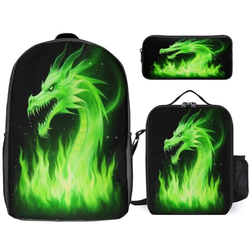 3 Pcs Set Waterproof Black Green Fire Dragon Backpack with Lunch Box Pencil Pouch Set, Backpacks for Travel Accessories