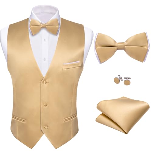 Image of Barry.Wang Mens Suit Vest Bow Tie Set 4PCS Formal V-neck Slim Fit Casual Solid Color Waistcoat Wedding Party Tuxedo