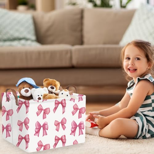 Image of Rectangular Pink Girls basket,Delicate pink bow girls nursery laundry basket,Pink Laundry Hamper,kids waterproof collapsible canvas basket,Toy bins,Girls Room decor(Bowknots)