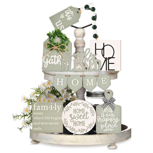 EMVANV 11 PCs Tiered Tray Decoration Set,Wood Sign Rustic Home