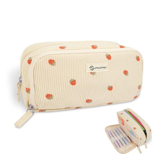 Image of FINPAC Pencil Case, Corduroy Triangle Makeup Bag, Kawaii Pen Bag Pouch Holder Box Organize for Study, Office, or Travel, Strawberry 2