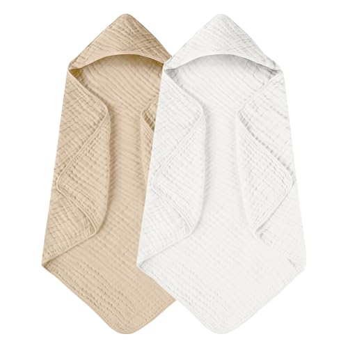 2 Pack Muslin Hooded Baby Bath Towels for Newborns, Infants, Toddlers – 100% Cotton – Large 31.9×31.9Inch Size – Highly Absorbent and Essential, White and Brown