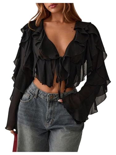 Floerns Women's Ruffle Trim Mesh Long Sleeve Blouses V Neck Tie Front Crop Tops
