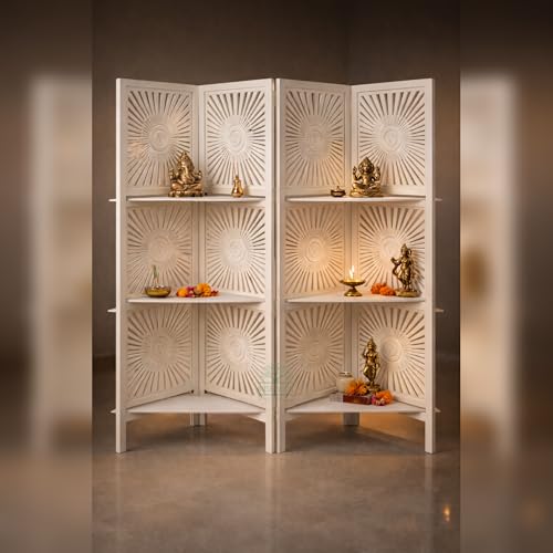 Image of Wooden Room Divider 6 Feet, 4-Panel Folding Wooden Partition for Living Room, Office, Pooja Room, Restaurant, Kitchen & Balcony (2W x 1.82H Meters). (White Shelves)