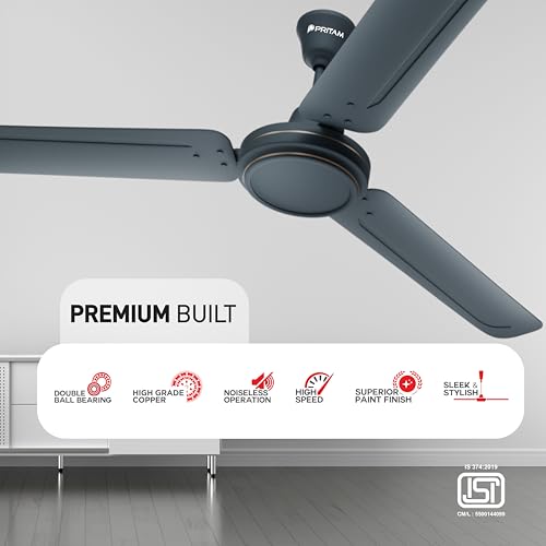 Image of Pritam Glide Ceiling Fan 48 Inch | High Speed Ceiling Fan with Powerful Air Delivery | Energy Efficient Motor | Fan for Home, Bedroom, Living Room & Office | Low Noise & Durable (Matt Grey)