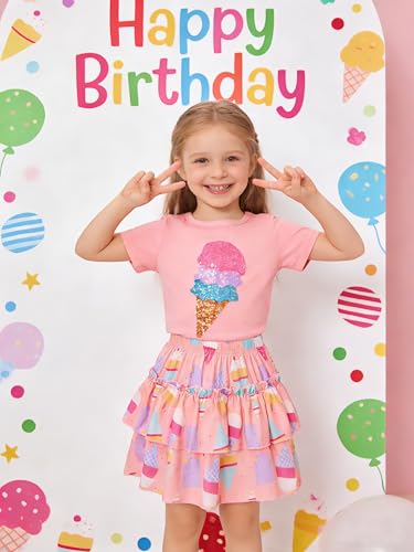 Image of Little Girls Skirt Set - 2 Piece Short Sleeve Top Shirred Tiered Skirt Outfit Girls Spring Summer Clothes 3-8 Years