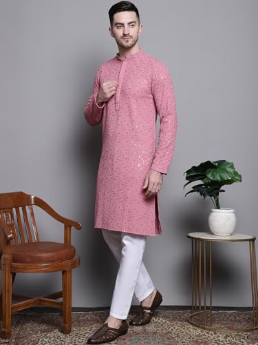 Image of Jompers Men's Geometric Sequin Embroidered Pure Cotton Kurta with Pyjamas Set