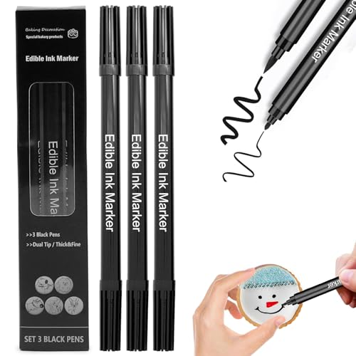 Cycayit Black Edible Markers，3-Pack Black Edible Ink Markers for Cookies Decorating，Food Coloring Pens for Biscotti, Fondant, Frosting, and Party Decorating – Dual-Tip Edible Markers for DIY Desserts, Hard Cookies, and Custom Designs