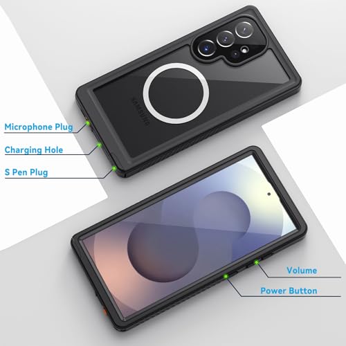 Image of Lanhiem Magnetic for Samsung Galaxy S25 Ultra Case, IP68 Waterproof Dustproof, Built-in Screen Protector, Rugged Full Body Shockproof Cover for Galaxy S25 Ultra 5G 6.9 Inch, Black /Clear
