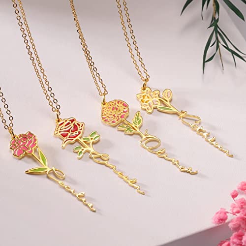 Ever2000 Birth Flower Name Necklace Personalized, Custom Engraved Floral Pendant Necklace Customized Birth Flower Pendant Necklace With Name For Women #TOP1