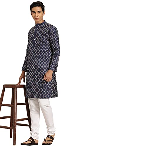 Image of SOJANYA, Men's Silk Blend NavyBlue Kurta with Multi Color Embroidery and Off-White Pyjama